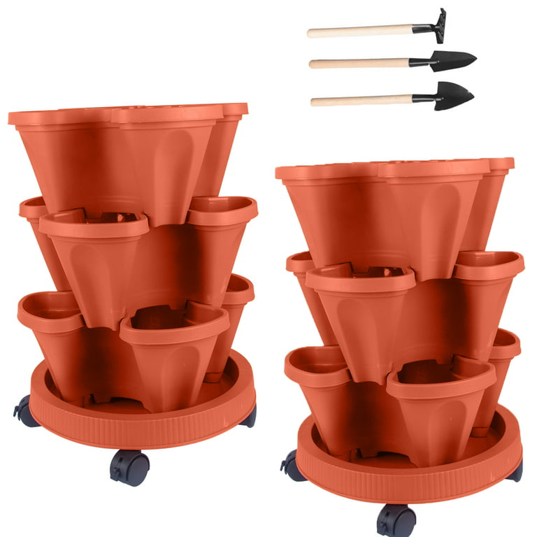 DUNCHATY Stackable Planter with Removable Wheels and Garden Tools, Tower Garden Planters, Indoor Outdoor Gardening Pots - 5 Tier