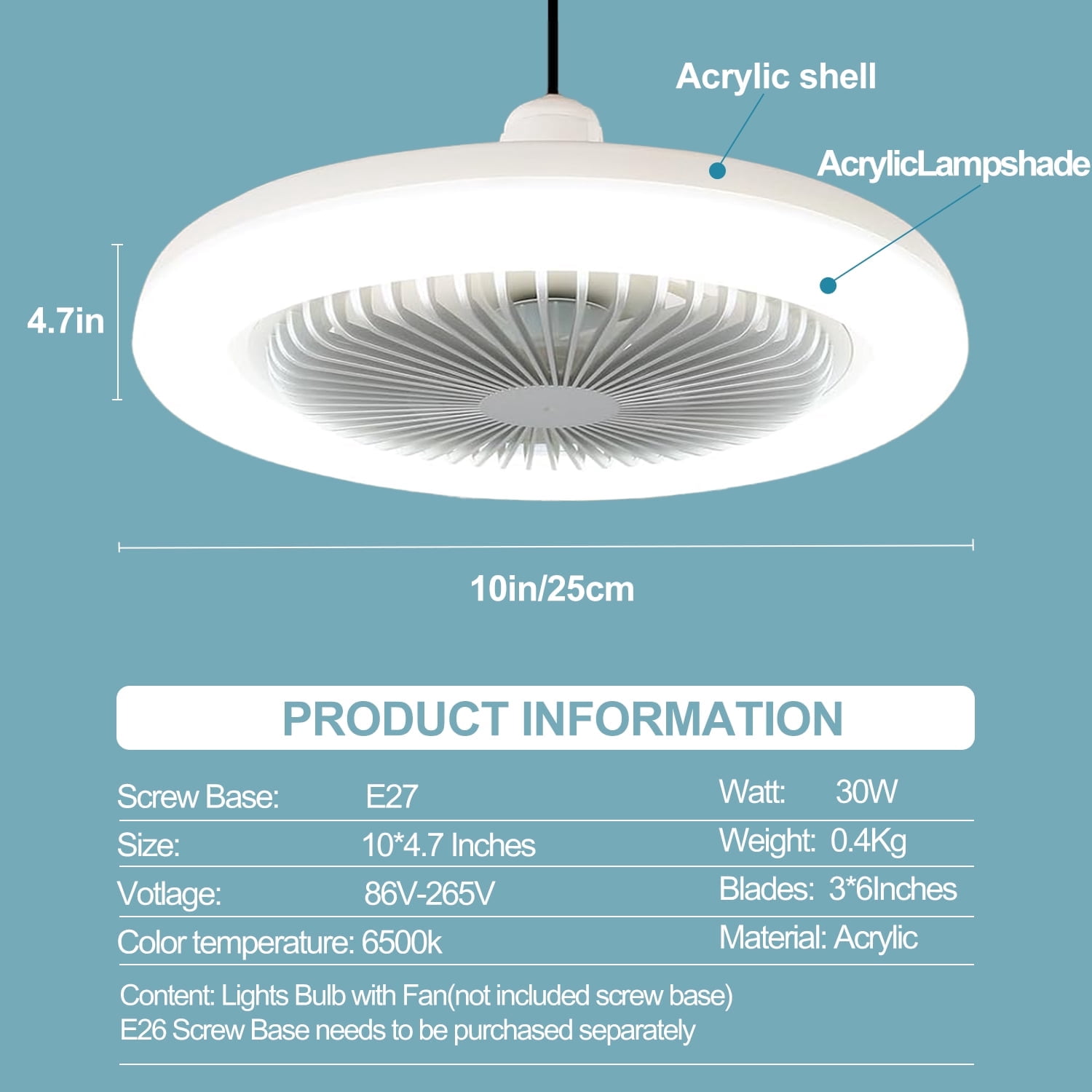 Inadays Ceiling Fan with Lights and Remote Control Socket Fan Light Bulb Light 10.6 Inch