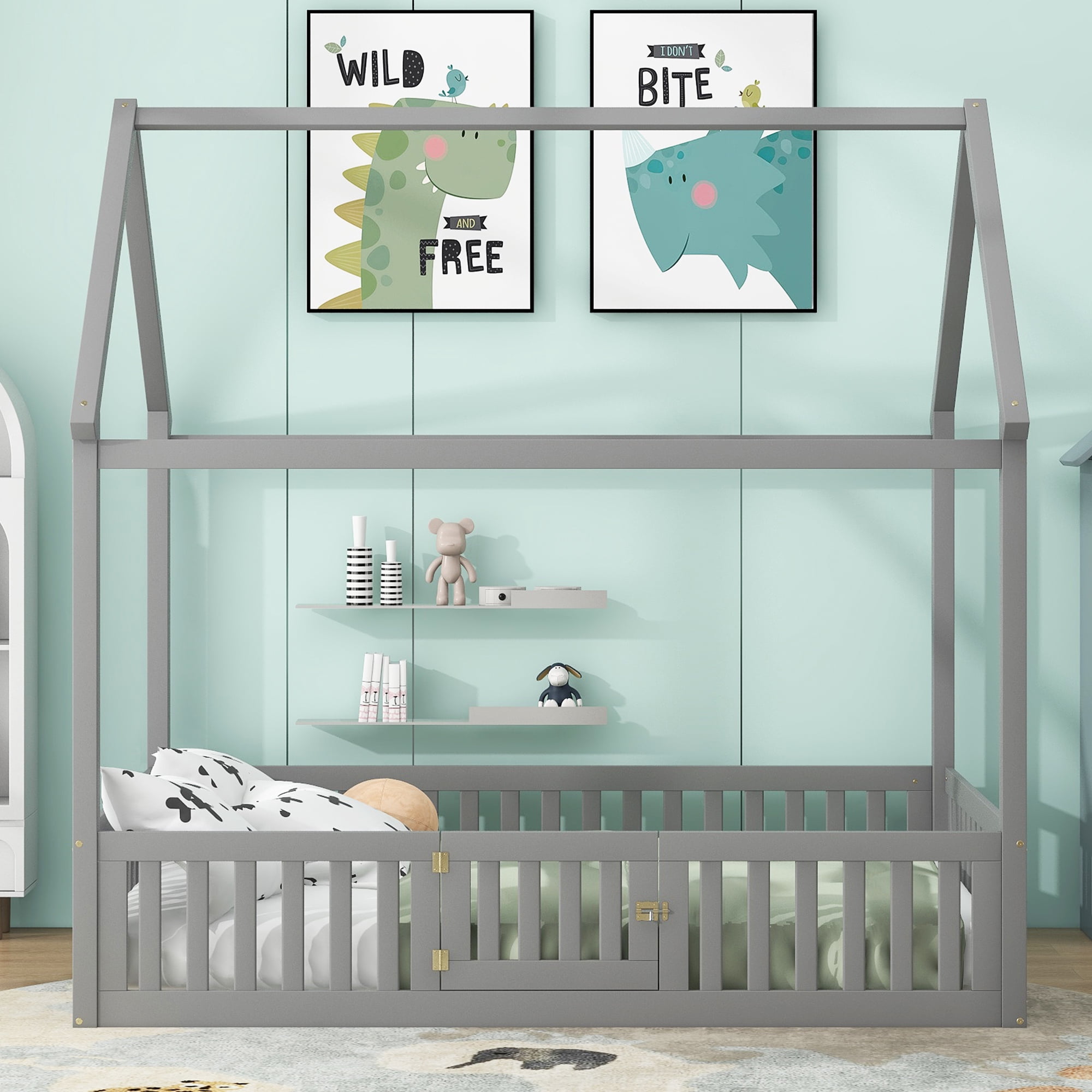 Harper & Bright Designs Full Size Floor House Bed, Wood Montessori Bed with Fence & Door, Full House Bed with Roof for Girls & Boys, Gray