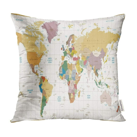 BOSDECO Vintage Color Political World Map All are Separated in Layers Clearly Labeled Pillow Case Pillow Cover 20x20 inch