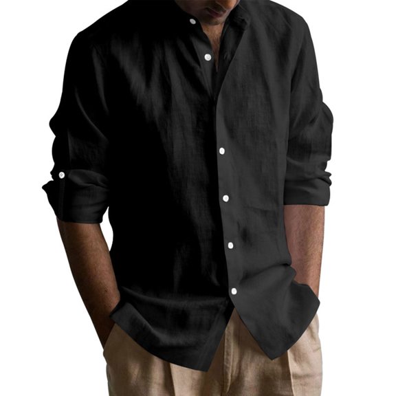 GuangCheng George Men Linen Button Down Shirt Long Sleeve Lightweight Breathable Soft Casual Comfort Roll Up Sleeve Blouses,Black,2XL