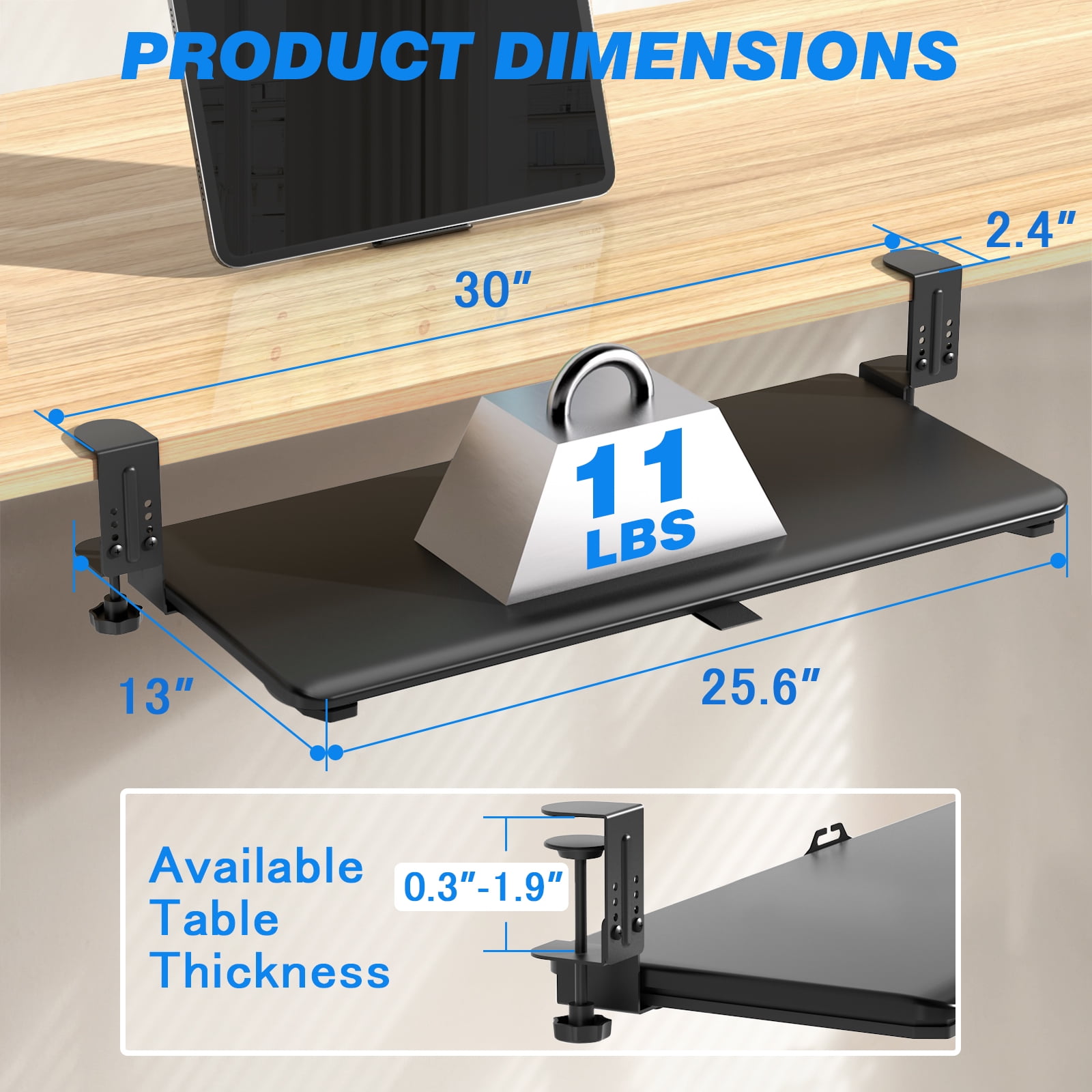 Under Desk Keyboard Tray, 25.6" Extendable Keyboard Tray with 4-Level Height Adjustment, Clamp-On Keyboard Drawer with Cable Management, Holds up to 11 LBS, Black