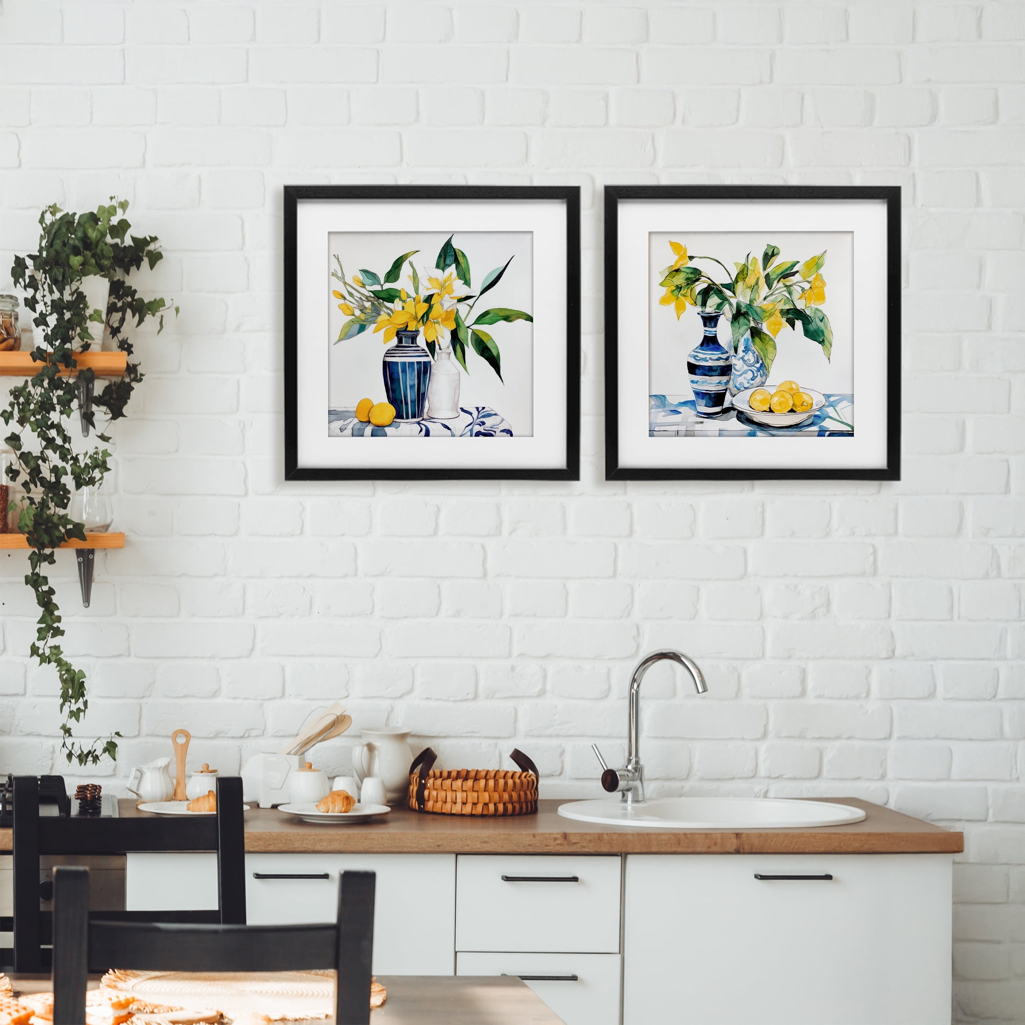 Stupell Industries Lemon Blooms Table Setting 2 Piece Black Framed Print Under Glass Set, design by Ray Powers