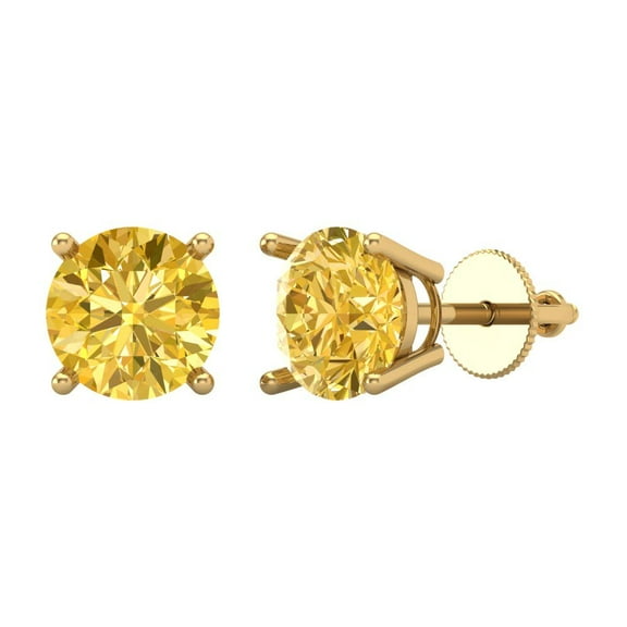 3 ct Screw-Back Stud Earrings for Women | 7.5mm Round Cut Simulated Yellow Diamond | 18K Yellow Gold