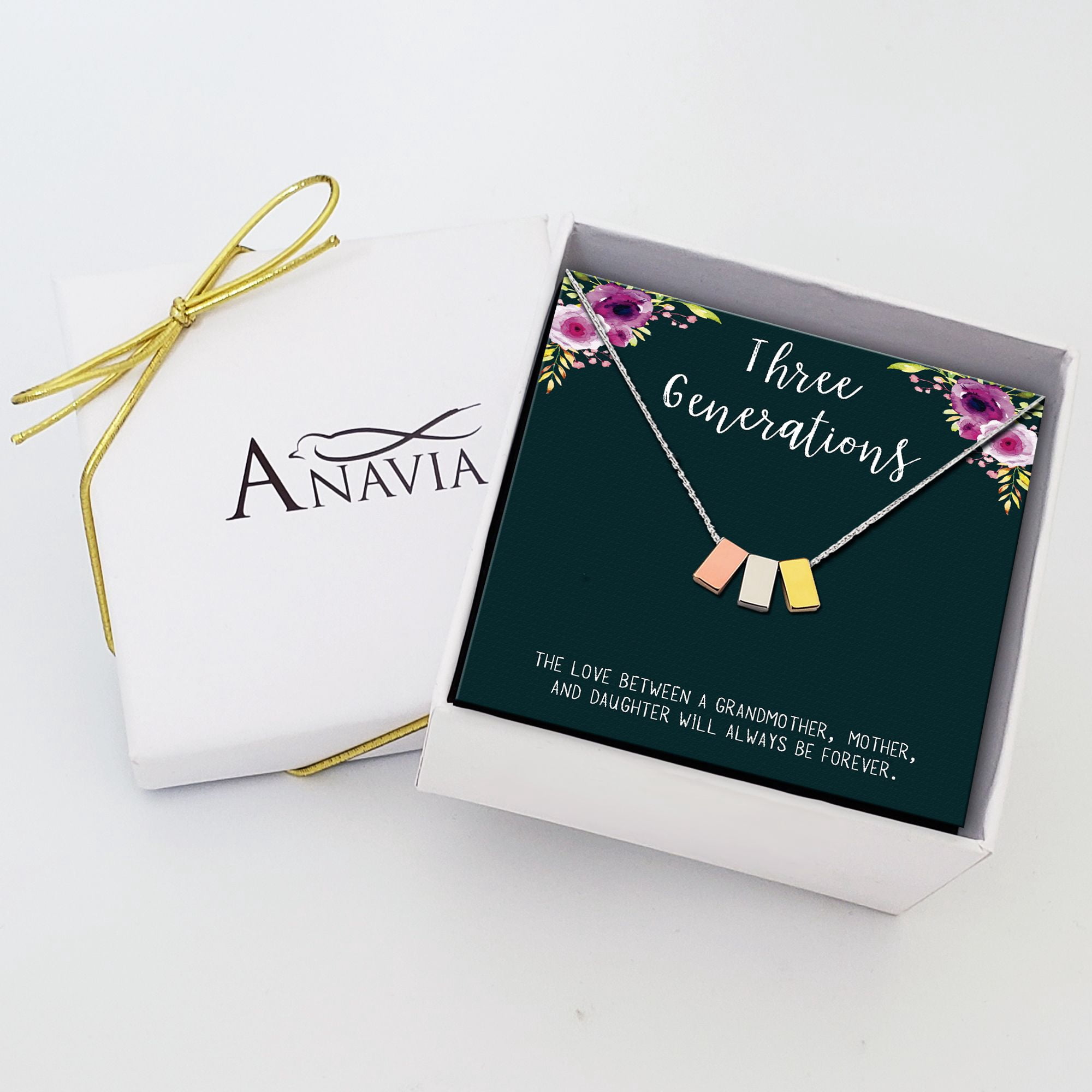 Anavia Generations Necklace, Mothers Necklace, Mom Jewelry Gift, Gift for Mom, Mom Birthday Gift, Christmas Gift for Her, Multicolor Three Cubes Pendant Necklace with Wish Card