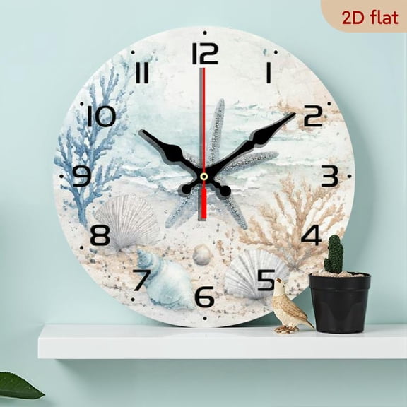 10 Inch Nautical Beach Wall Clock - Silent Round Wood Veneer Clock with Seashell and Coral Art - Battery Powered, Ideal for Coastal Home Decor