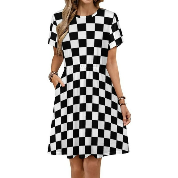 Black And White Plaid Dress Fashion Beach Short Sleeve Dresses Female Party Printed Sundress