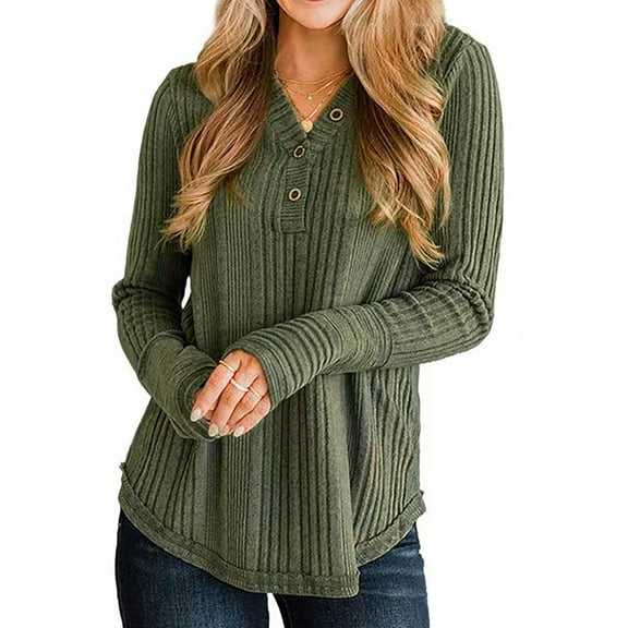 Blmnix Textured Western Shirts V-Neck Army Green Oversized T Shirts for Women Long Sleeve Slim Tops