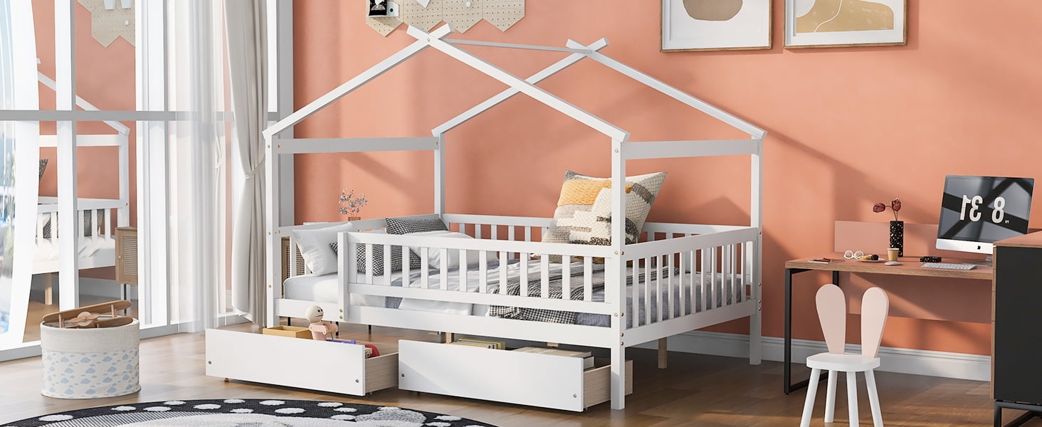 Bellemave Full Size House Bed with Storage Drawers Playhouse Platform Bed Wooden House-shaped Bed Frame with Fence Guardrail and Roof (Full size, White)