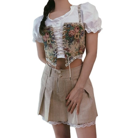 

Kiapeise Women Vintage Floral Print Vest Bodycon Jacquard Camisole Flounce Irregular Suspender Corset Crop Tops