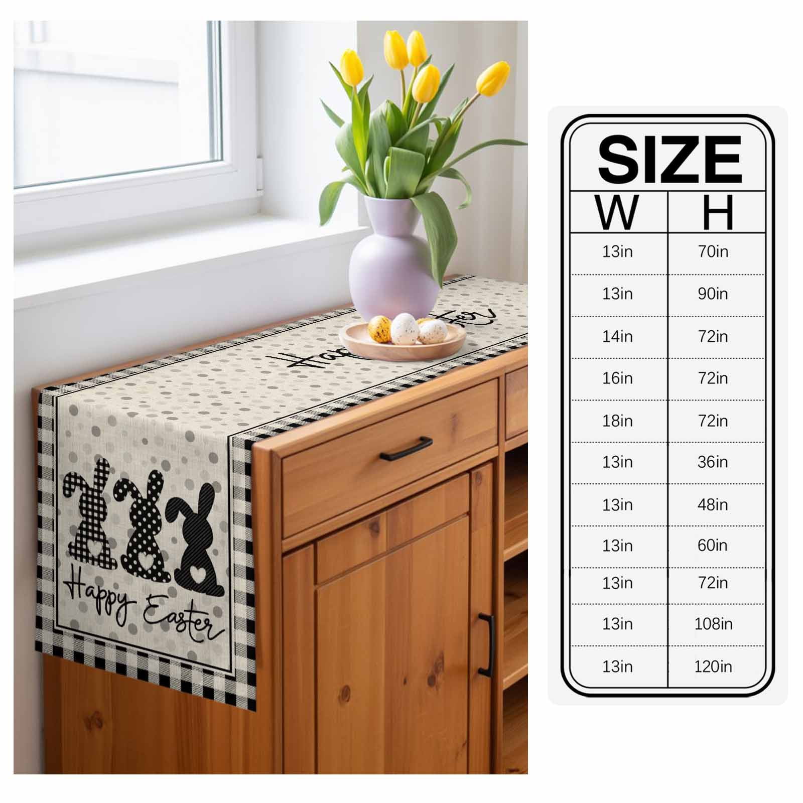 Happy Easter Table Runner, Black Bunny Polka Dots Black White Plaid Linen Texture Cotton Linen Kitchen Table Decoration Washable Dining Tabletop Runners for Home Party Decor 13x90 Inches
