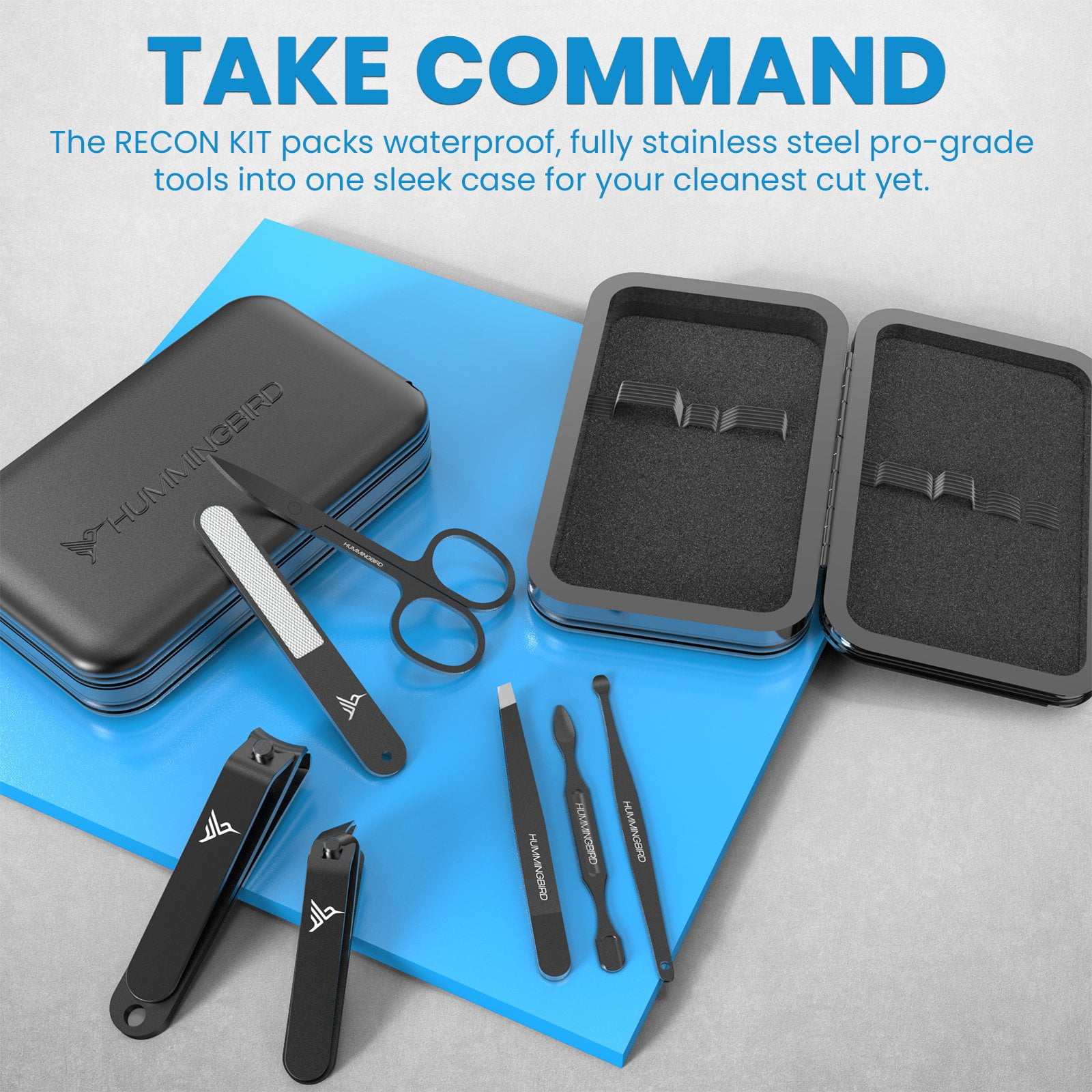 HUMMINGBIRD Manicure Kit for Men, 7 Piece Stainless Steel Mens Nail Grooming Kit with Travel Case, Includes Mens Nail Clippers Set, Nail File, Slant Tip Tweezers, Cuticle Scissors, Nail Care Tools