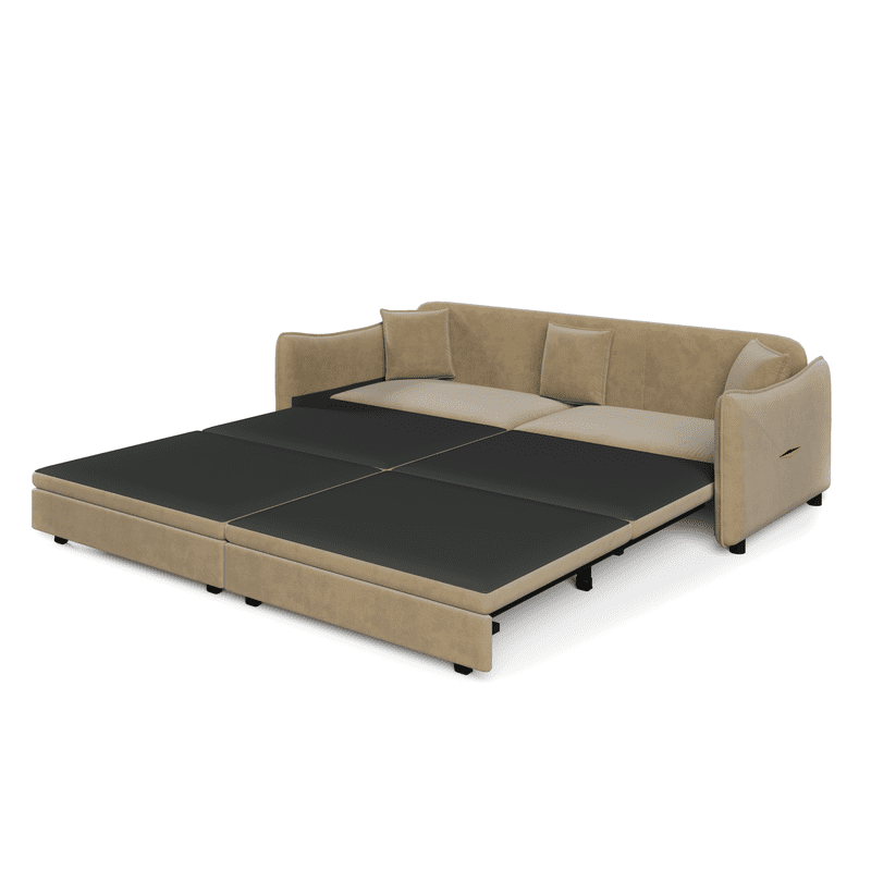 3-in-1 Convertible Pull Out Sofa Bed, 81.9'' King Size Sleeper Sofa Bed with Golden Accent Trim, Velvet 3-Seater Couch with 3 Pillows for Living Room, Small Space, Apartment