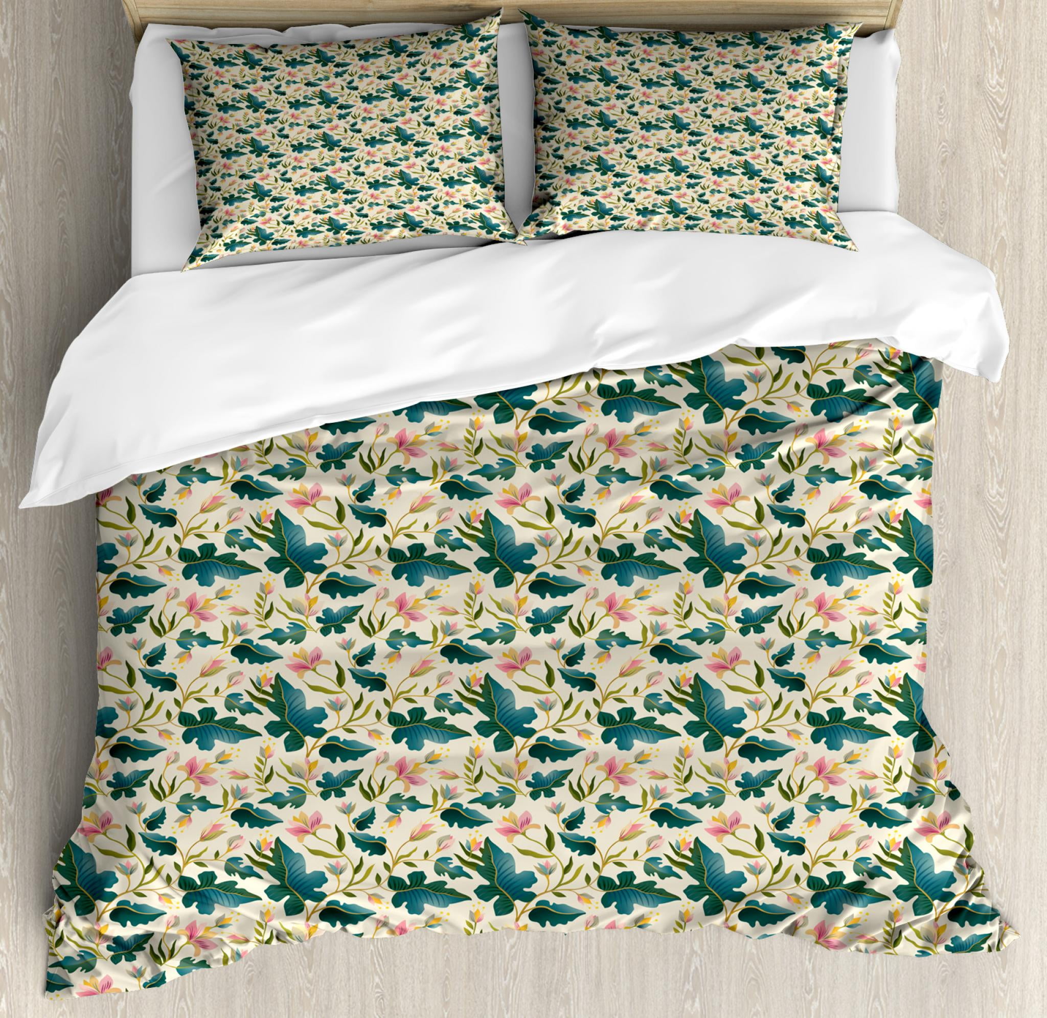 Floral King Size Duvet Cover Set, Fantastic Digital Style Tropical and Exotic Multi Petal with