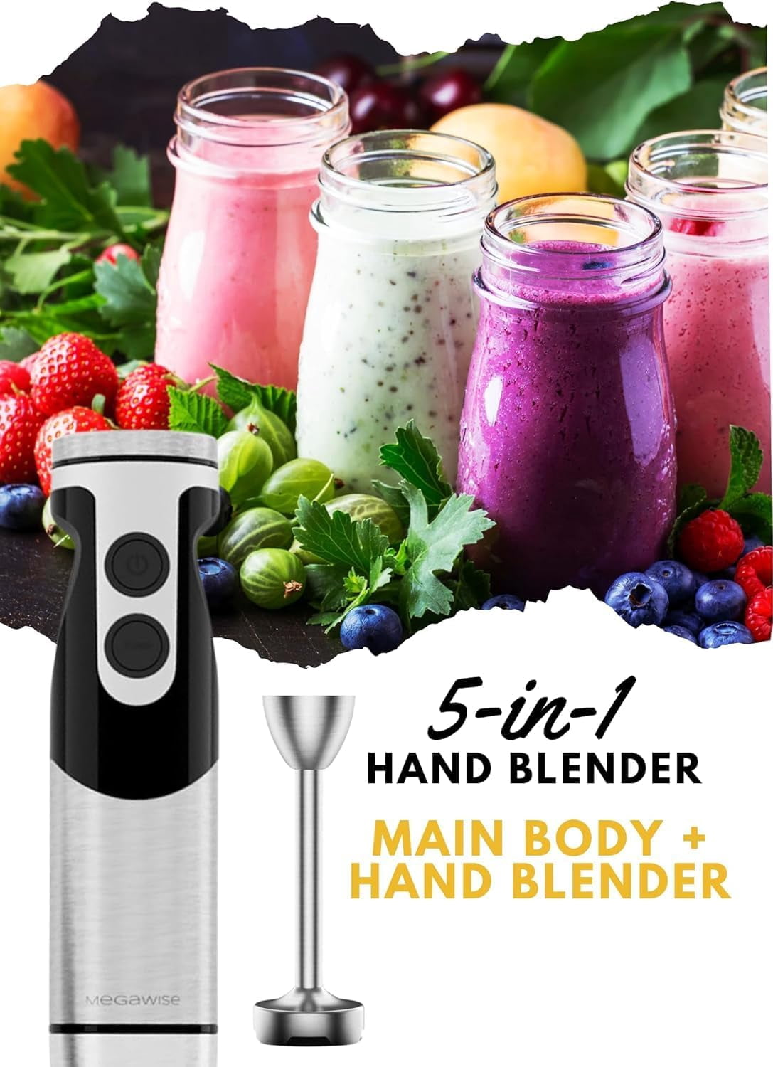 Pro  Reinforced 5-in-1 Immersion Hand Blender, Powerful Motor with 80% Sharper Blades, 12-Speed Corded Blender (Black)