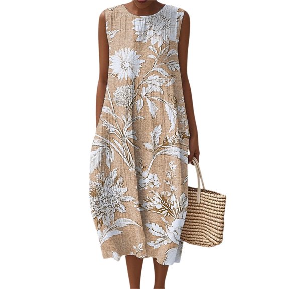 Puliio Summer Dresses for Women Sleeveless Round Neck Floral Print Loose Midi Casual Dress