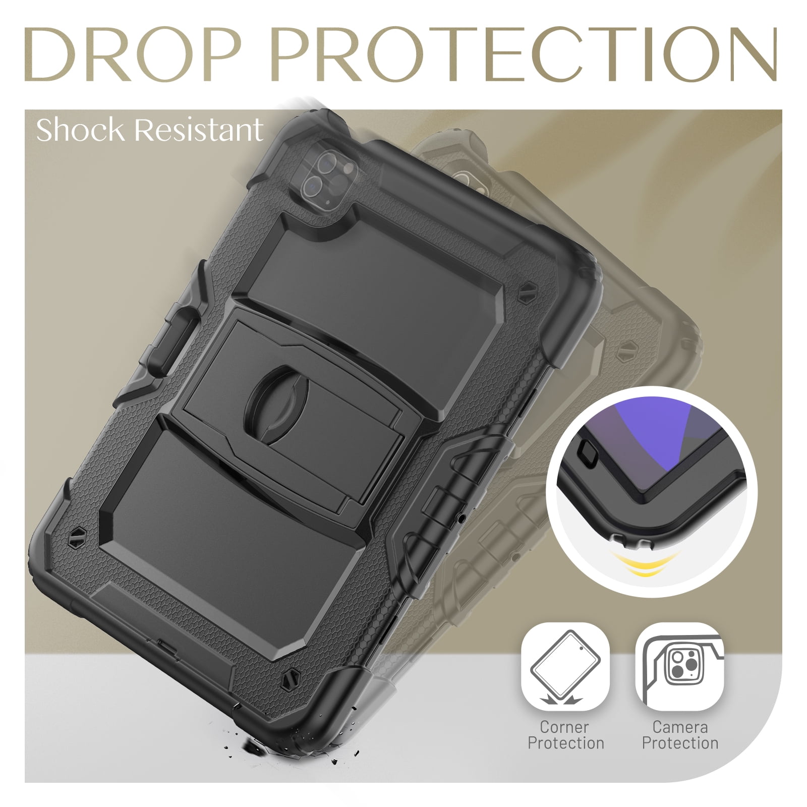 Allytech Shockproof Case for Apple iPad Pro 12.9 Inch 2022/2021/2020/2018(6th/5th/4th/3rd Gen) with Pencil Holder, Rugged Kickstand Shoulder Strap Kids Case with Screen Protector,Black