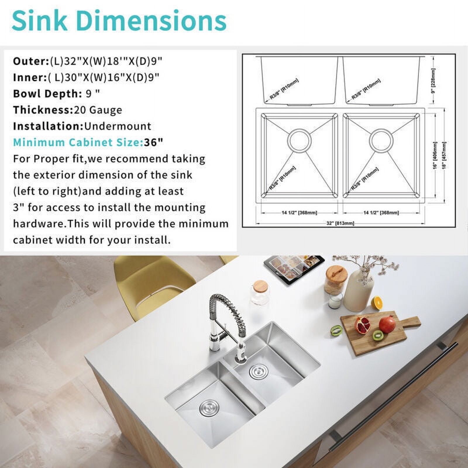 32 in Sunken Kitchen Sink, Double Bowl Sink, Kitchen Double Bowl Sink Basin Under The Table 304 Stainless Steel