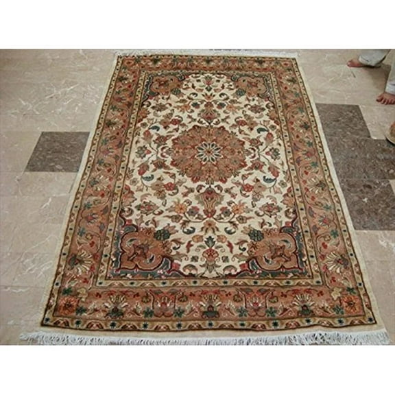 Ahmedani Linen Exclusive Ivory Medallion Taj Rectangle Adult Any Room Home Decor Area Rug Wool Silk Hand Knotted Indoor Carpet (6 x 4)'