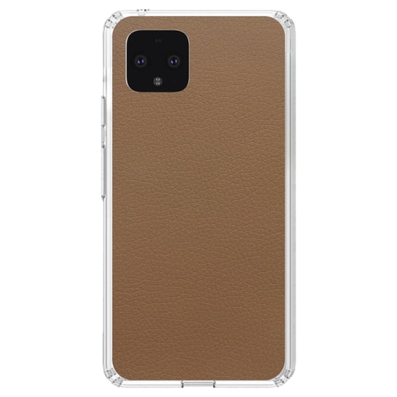 DistinctInk Clear Shockproof Hybrid Case for Google Pixel 4 (5.7" Screen) - TPU Bumper, Acrylic Back, Tempered Glass Screen Protector - Brown Faux Leather Print Design - Printed Faux Leather Image