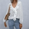 thumbnail image 5 of Women Top Flowy Blouse Tops Tassels Solid Color Casual T Shirts Tee Tops V-neck Long Sleeve Loose Fit Pullover, 5 of 7