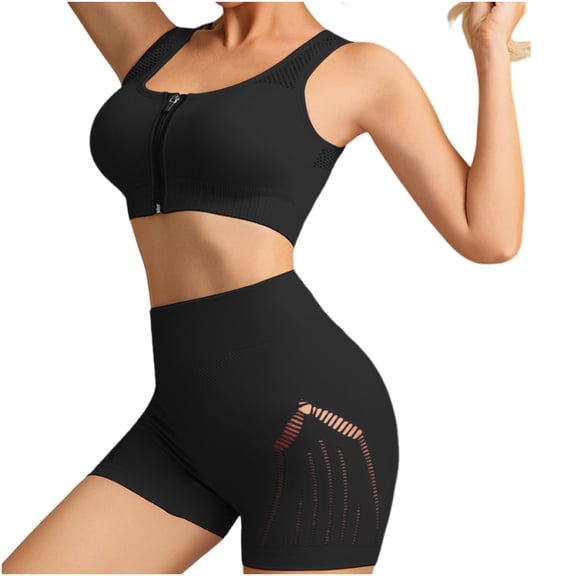 Summer 2 Piece Sets,Workout Sets for Women 2 Piece Seamless Yoga Outfits Shorts and Padded Sports Front Zip Bra Gym Athletic Clothing Set