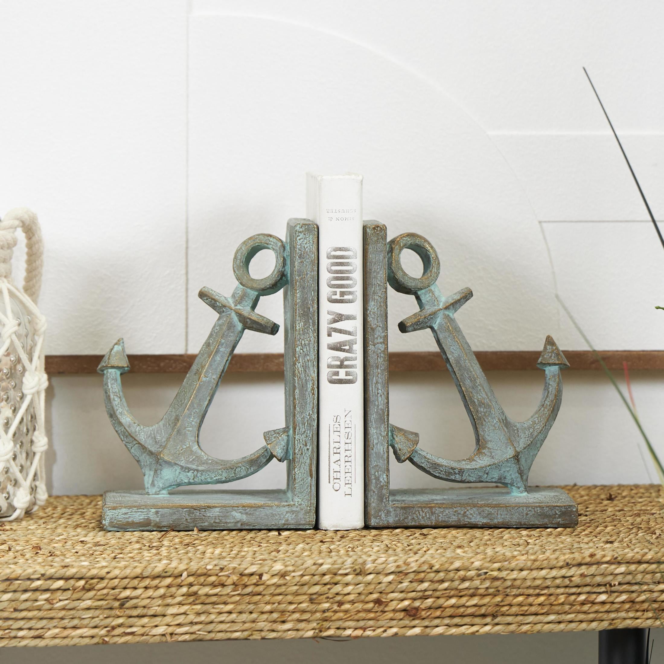 DecMode 4" Distressed Patina Anchor Blue Polyresin Bookends with Gold Foil Accents (Set of 2)