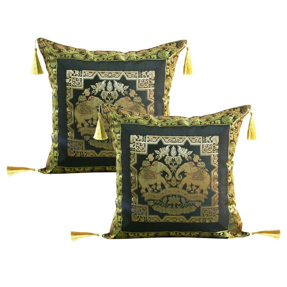 Stylo Culture Ethnic Brocade Decorative Throw Pillow Covers Black Gold 18 x 18 Jacquard Tassels Couch Cushion Covers 45x45 cm Polydupion Silk Zippered Elephant Square Pillowcases | Set Of 2