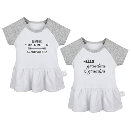 Pack of 2, You're Going to Be Grandparents & Hello Grandma and Grandpa Pregnancy Announcement Dresses, Newborn Babies Skirts, Infant Princess Dress, Toddler Frocks (Gray Raglan Dresses, 0-6 Months)