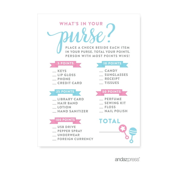 What's In Your Purse?  Team Pink/Blue Gender Reveal Baby Shower Games , 20-Pack