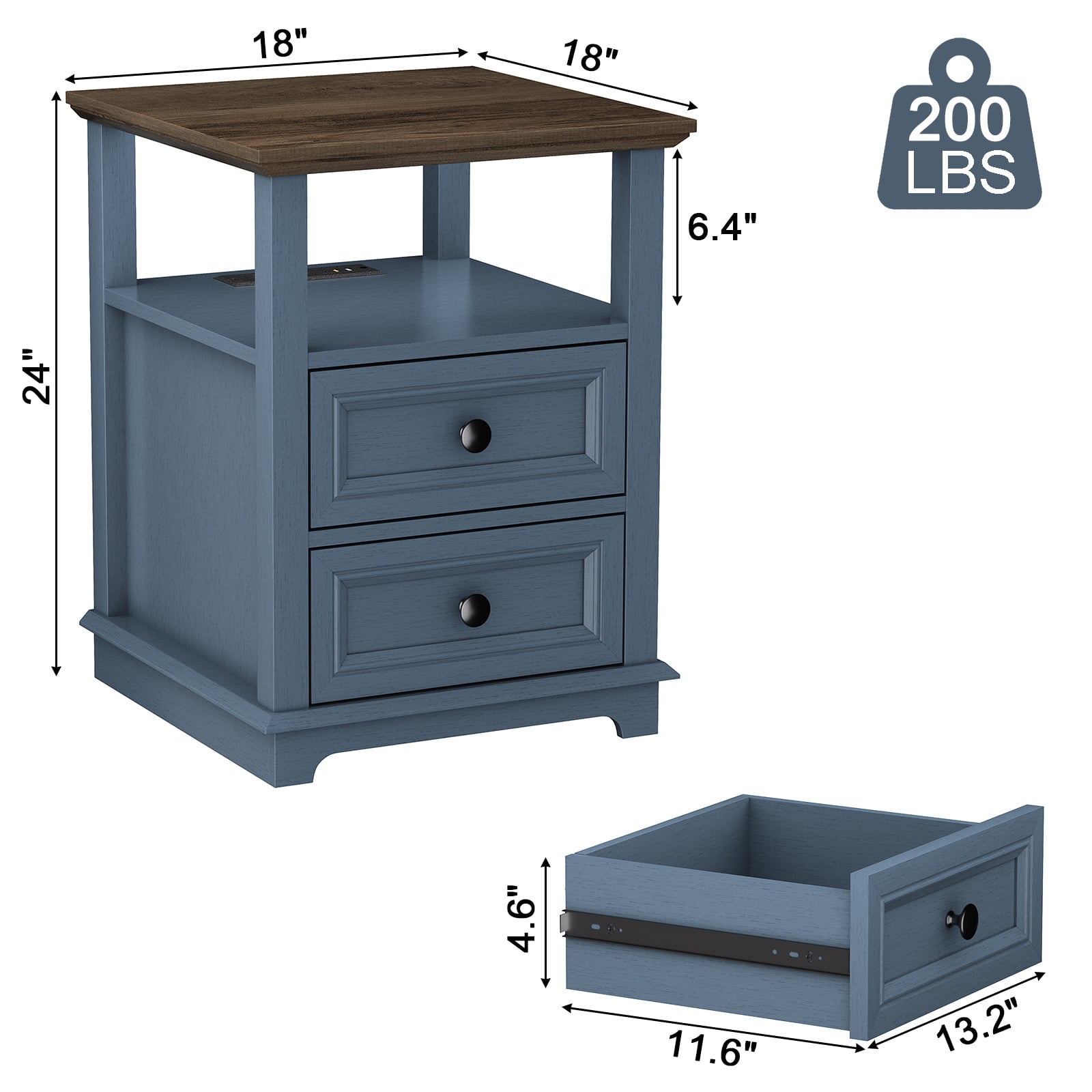FAGAGA End Table with 2 Drawers for Living Room,Nightstand with Charging Station for Bedroom,Blue