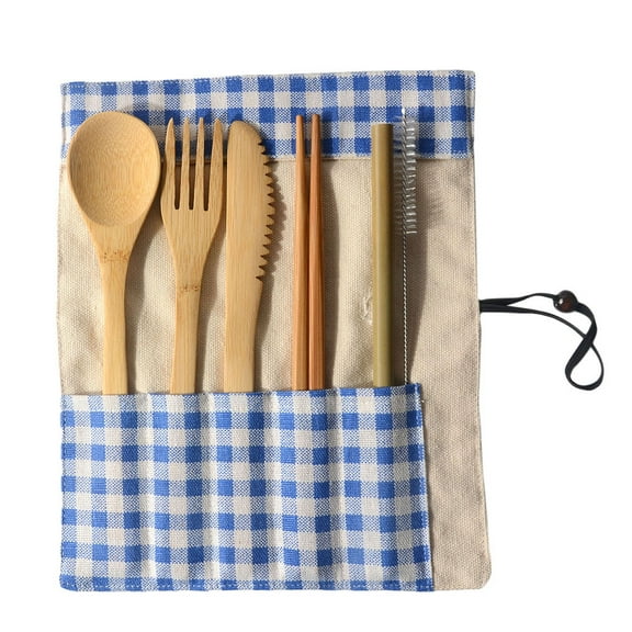 Bamboo Cutlery Travel Set with Portable Case, Eco-Friendly Reusable Utensils Include Fork, Spoon, Knife, Chopsticks, Straw, And Brush, Ideal for Camping, Picnic, , 1X Canvas Bag Cutlery 6-Piece Set