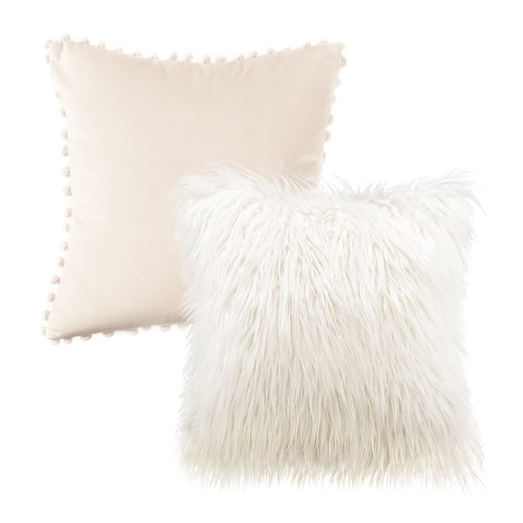 Phantoscope Designer's Choice Decorative Throw Pillow Set, Fluffy Faux Fur & Pom Pom Velvet Bundle, for Sofa Couch Bedroom, 18" x 18", Beige Fur and Velvet, 2 Pack