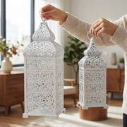 Temple Moroccan Style Lantern Decorative Candle Holder for Home Decor, White, Set of 2