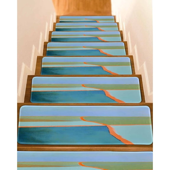 Green Teal Orange Non-Slip Stair Treads for Wooden Steps, 10 Pack-8x30in Carpet Stair Mats with Adhesive Backing, Noise-Reducing Step Covers for Indoor Stairs, Easy to Install & Residue-Free