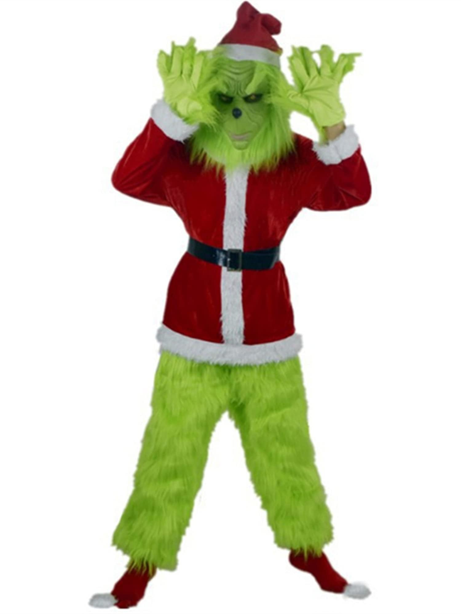 GuliriFei Furry Adult Halloween Santa Suit Outfit,Deluxe Grinch Santa  Costume with Green Funny Christmas Hat 