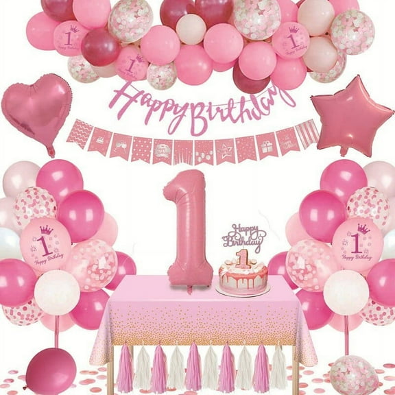 MMTX 1st Birthday Decorations for Girls, Pink White Balloon Arch Happy Birthday Banner with Number 1 Balloon Pink White Confetti Balloons, Pink Gold Tablecloth for Baby Girl Daughter Baby Shower