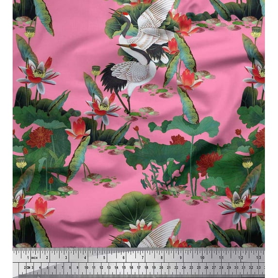 Soimoi Rayon Fabric Sandhill Crane,Leaves & Lotus Floral Print Sewing Fabric Yard 56 Inch Wide