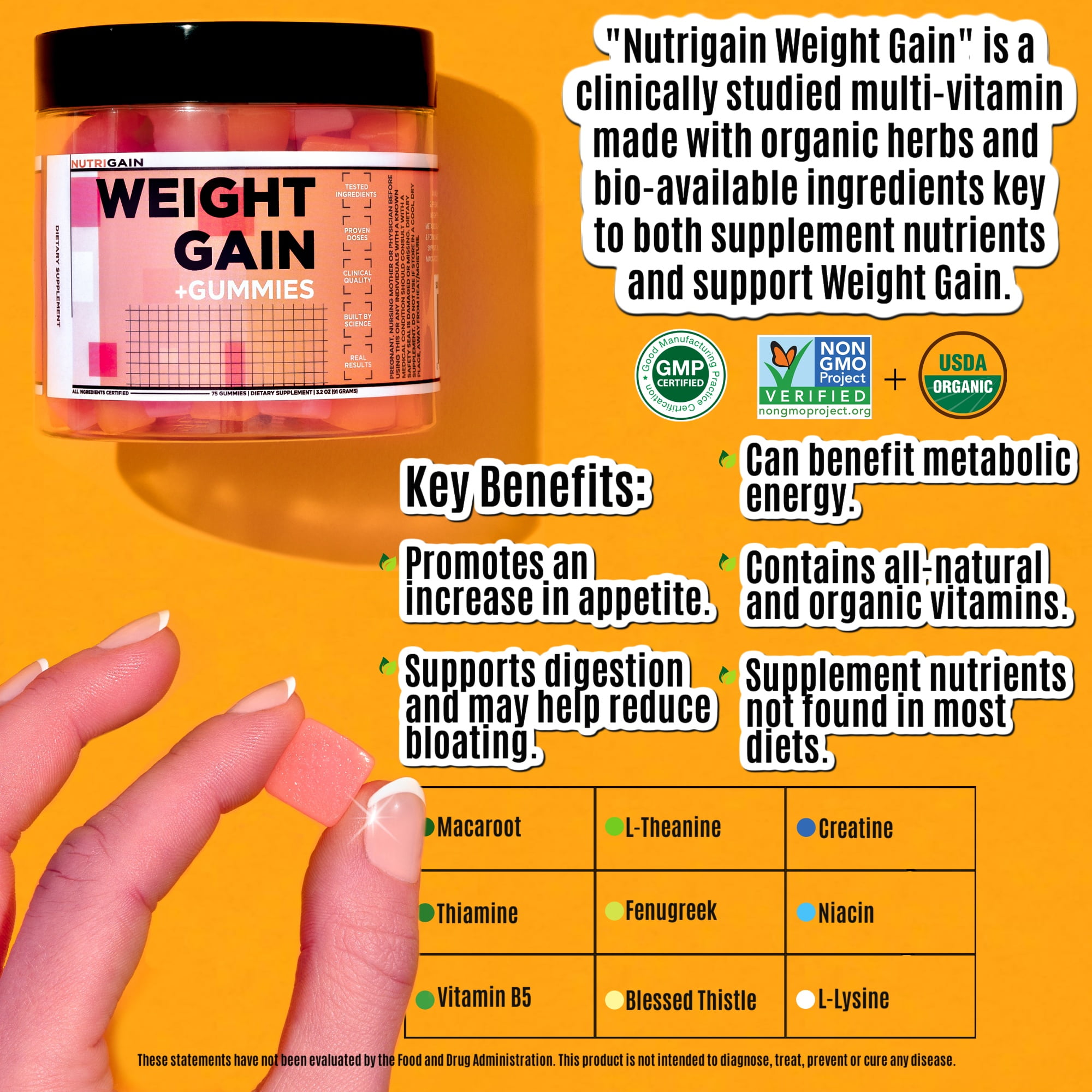 Nutrigain Weight Gain Gummies Designed for Quick and Efficient Weight Gain, Supports a Healthy Appetite, Mass and Metabolism for Both Women and Men - 6 OZ Jar