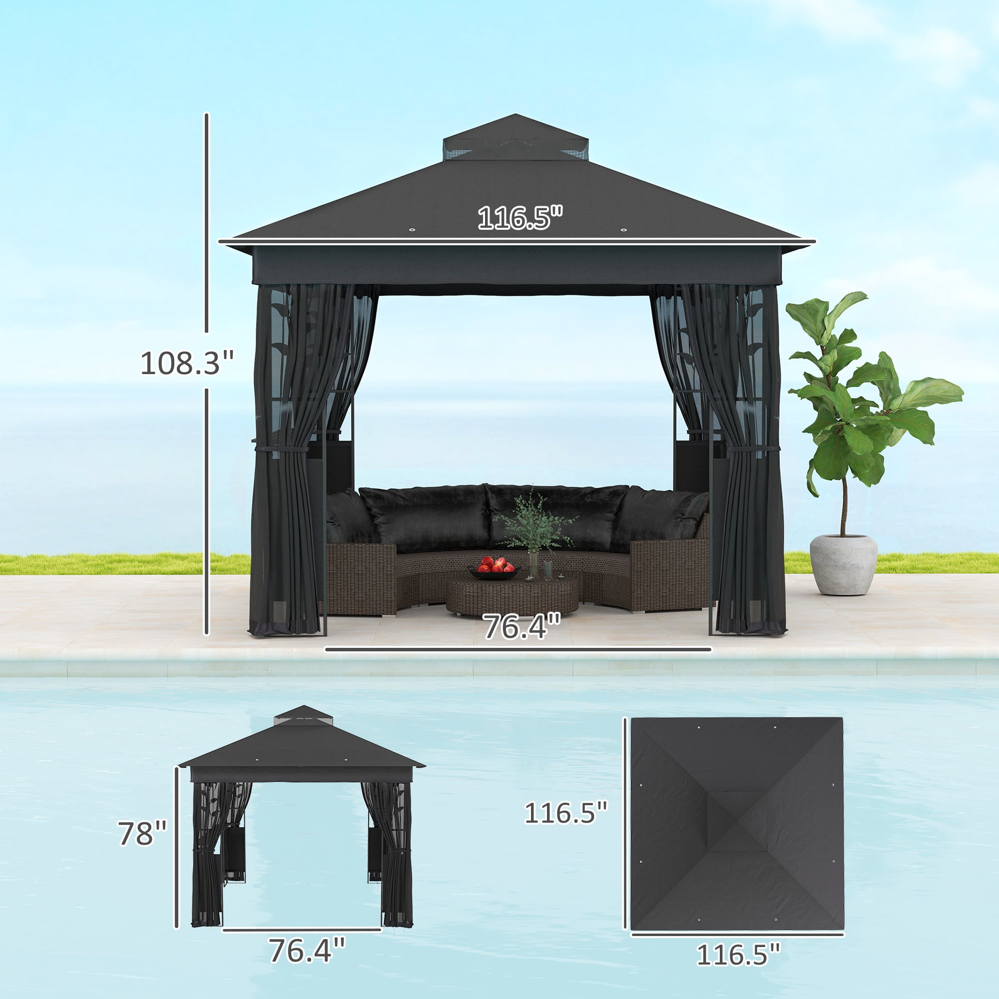 Outsunny 10' x 10' Outdoor Gazebo with Shelves and Netting, Double Roof Patio Gazebo Canopy Shelter, UV30+ Protected