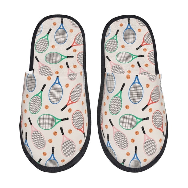 Balery Cute Tennis Racket Pantuflas de Casa de Felpa Silenciosas con Diseño Estampado, Zapatillas Cómodas Antideslizantes de Algodón para Interior-Medium