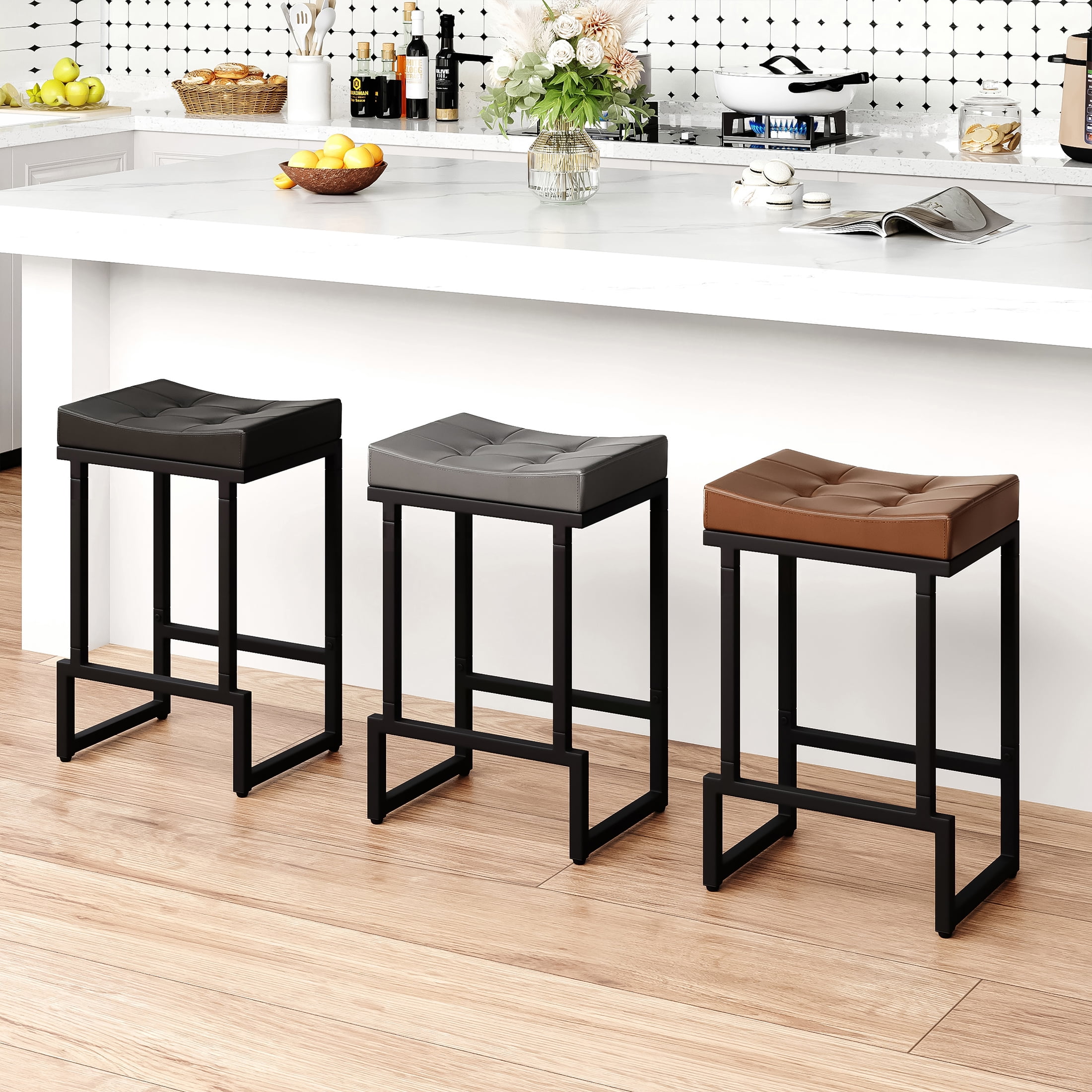 FIRAVOE Bar Stools Set of 3, Backless Counter Height Bar Stools (24") Modern Faux Leather Saddle Barstools for Kitchen Island, Black