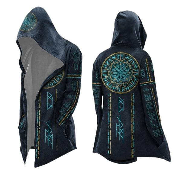 Viking Knit Hoodie Cardigan Print Long Sleeve Hooded Sweater Style Open Front for Men Blue L