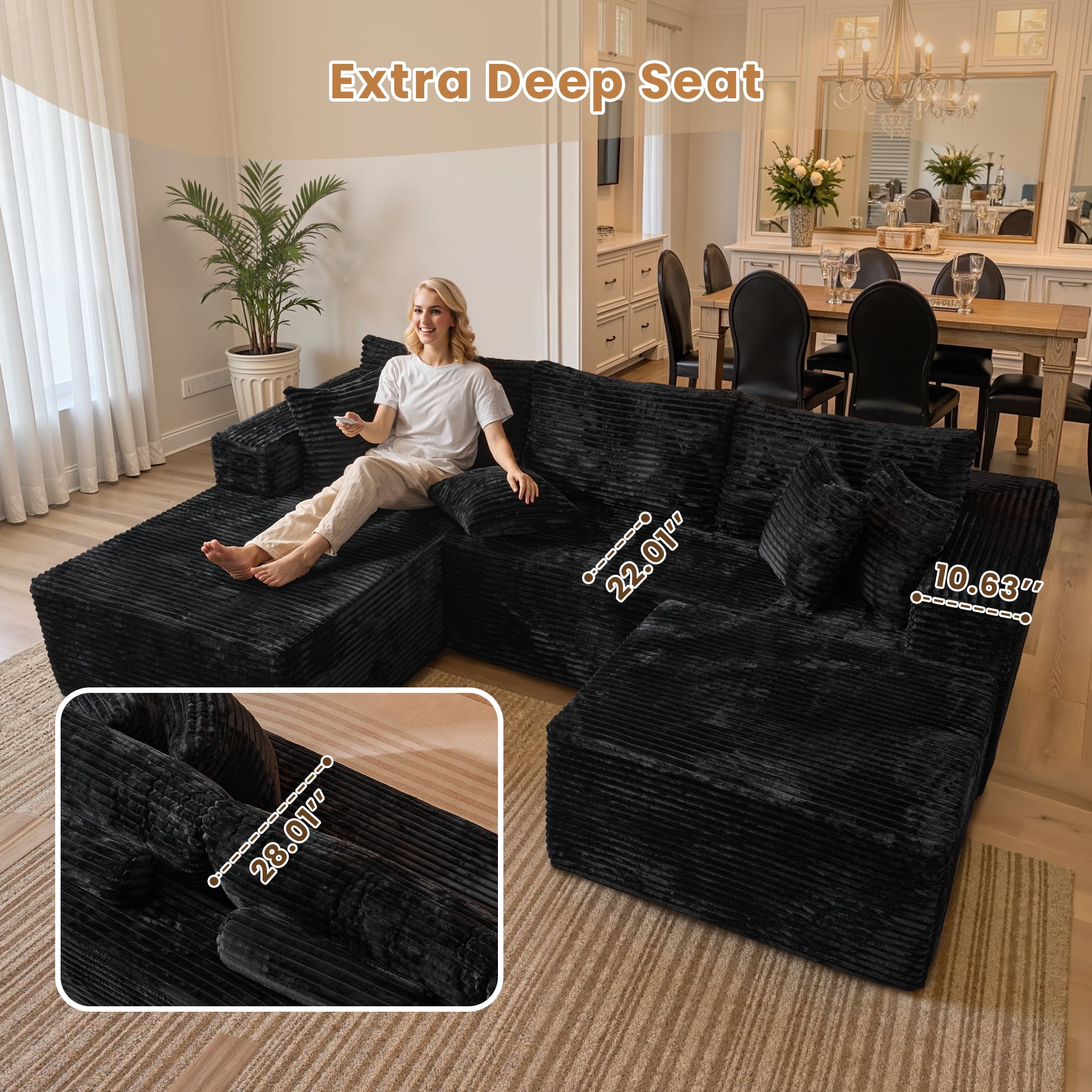 Toject 108" Modular Sectional Sofa, Modern Cloud Couch with Ottoman, No Assembly Required, U-shaped Sofa for Living Room, Black