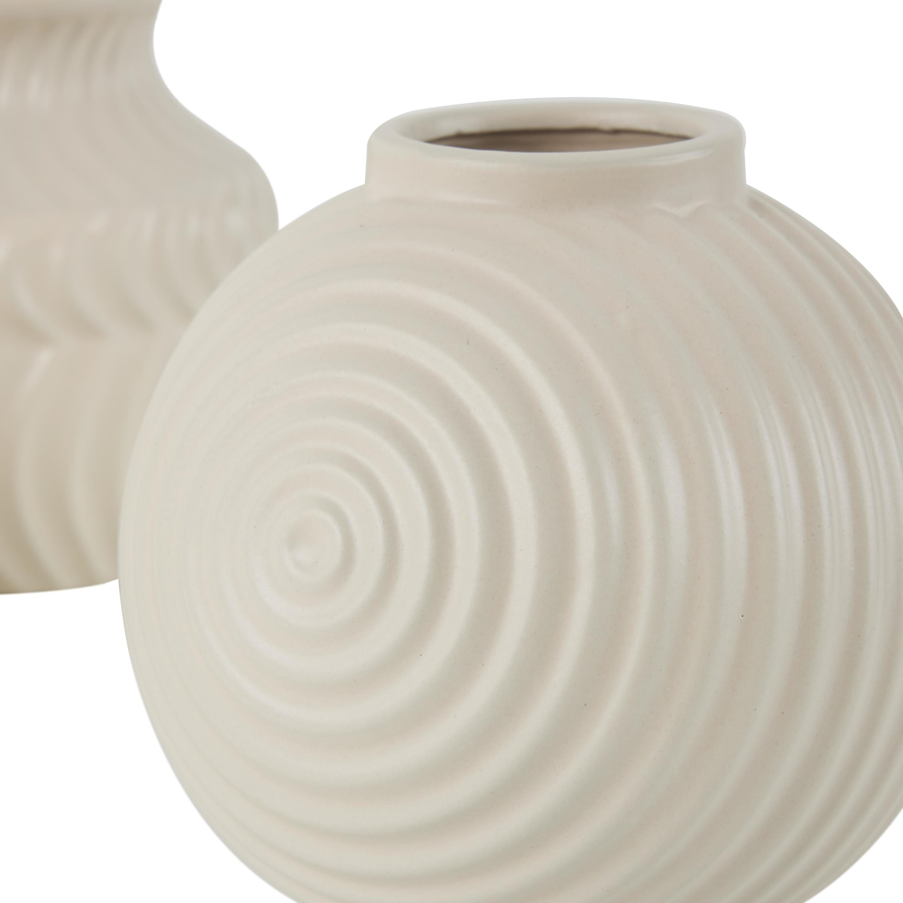 DecMode 5"W, 6"H Abstract Small Textured Cream Ceramic Vase with Varying Shapes and Patterns, Set of 3