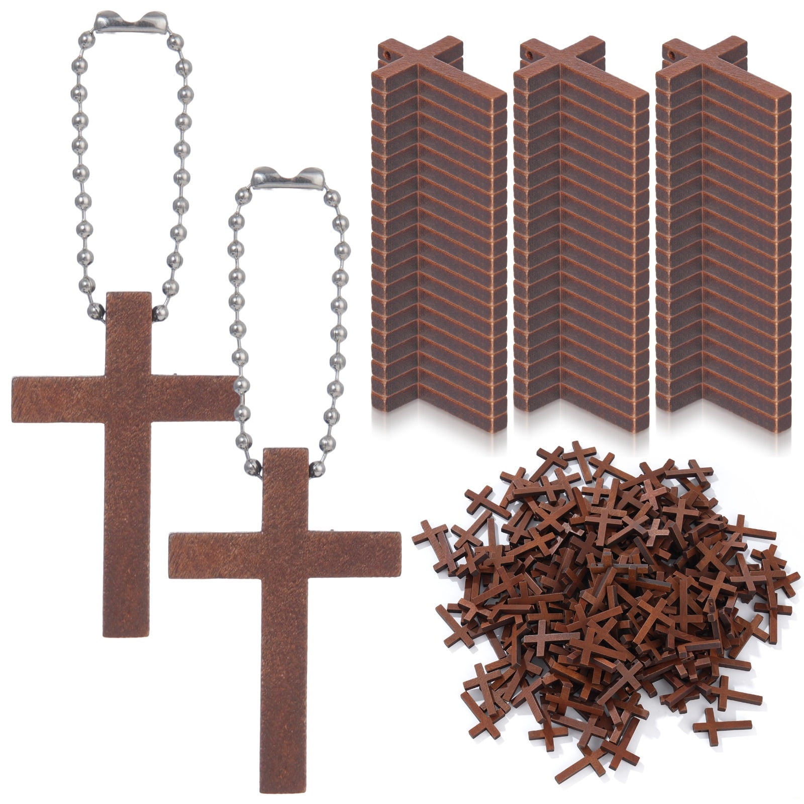 200 Pcs Small Wooden Cross with Chain, Small Christian Pendants for DIY Necklace Keychain Ornament, Brown Religious Decoration for Church Event Christmas Home Prayer Display