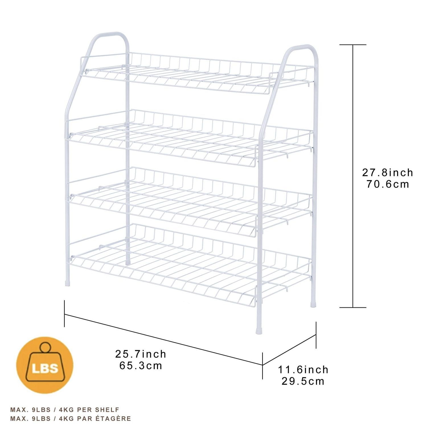 MAINSTAYS 4-Tier White Metal Shoe Rack and Accessories Storage, Holds up to 12 pairs, 4 Tier Wire Shelf, Product assembled size: 25.7 in. W x 11.6 in. D x 27.8 in. H; White coating