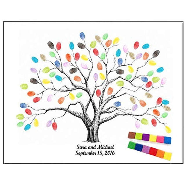 Thickening Waterproof Fingerprints Tree, 23.6'' Creative DIY Guest Signature Sign-in Book Canvas Fingerprints Tree Painting for Wedding Birthday Party with 12 PCS Ink Pads