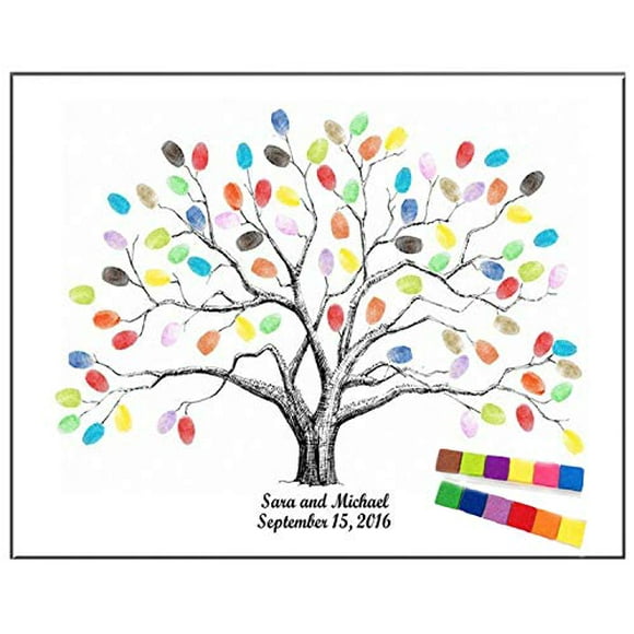 Arbre à Empreintes Digitales Étanche Épaissi, 23,6 Pieds' Livre de Signatures Créatif pour Invités Peinture d'Arbre pour Mariage Anniversaire avec 12 Tampons d'Encre