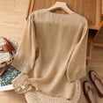 thumbnail image 4 of XIAONU Womens Embroidered Linen Blouse Loose Three Quarter Sleeve Split V-Neck Floral Embroidered Linen Shirt Lightweight Boho Casual Daily Wear Top, 4 of 9
